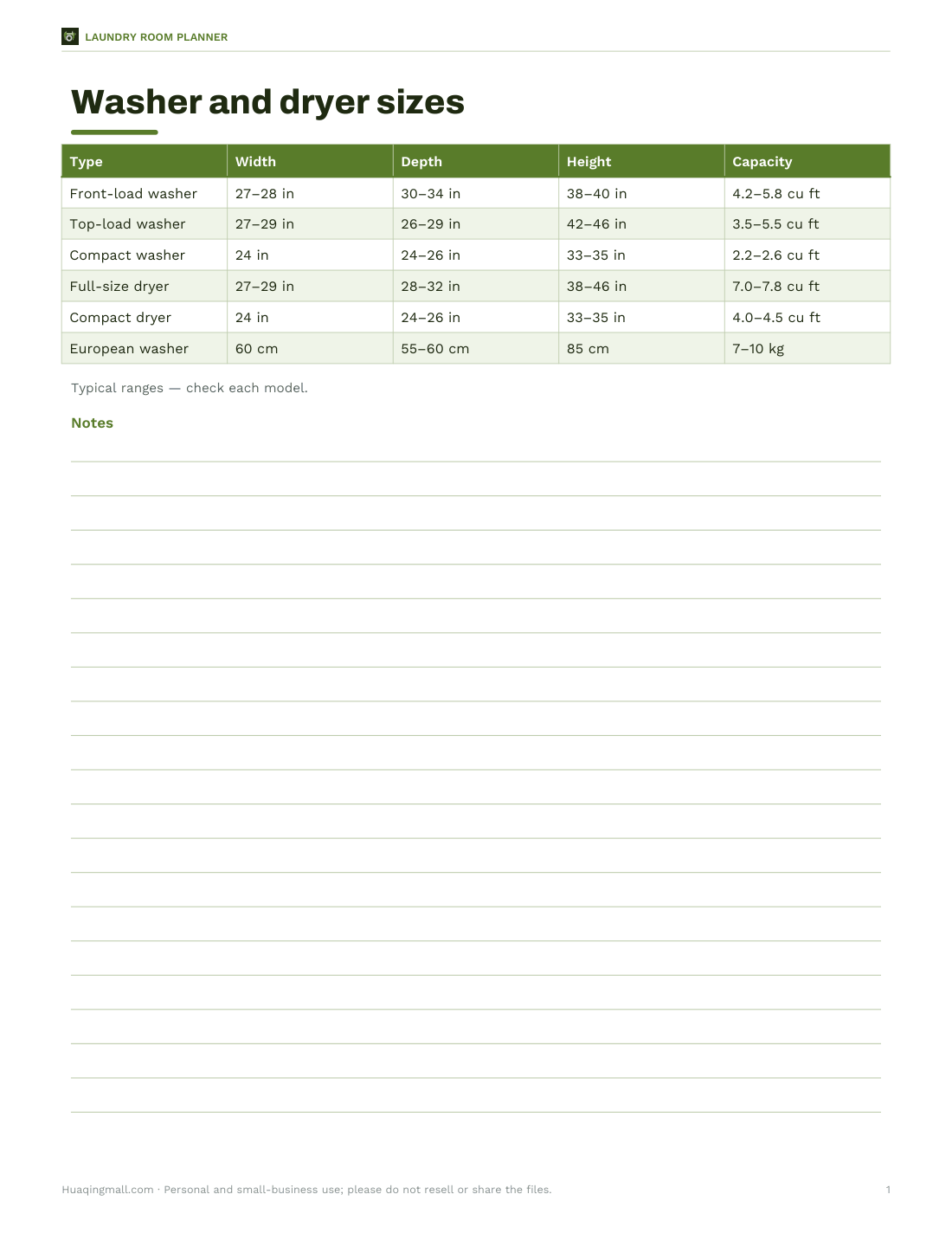Preview of the first page of Size chart (PDF/XLSX)