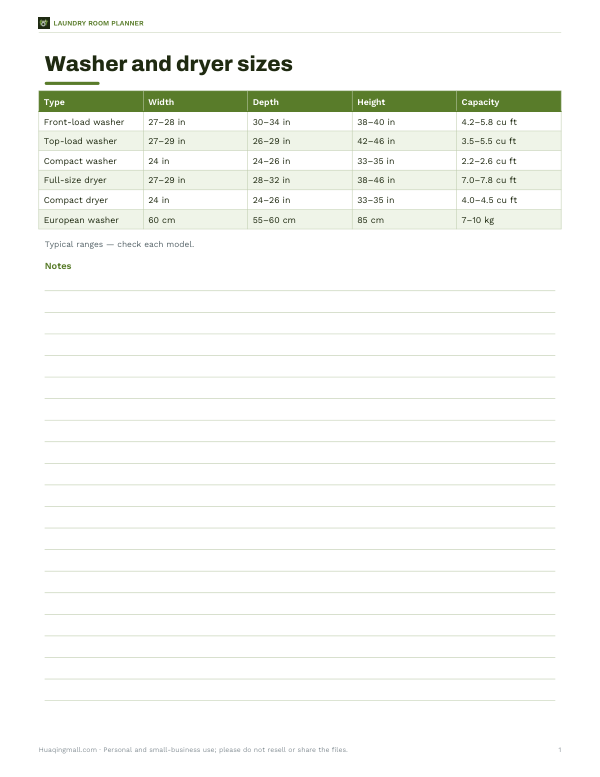 Preview of Printable Washer Size Chart